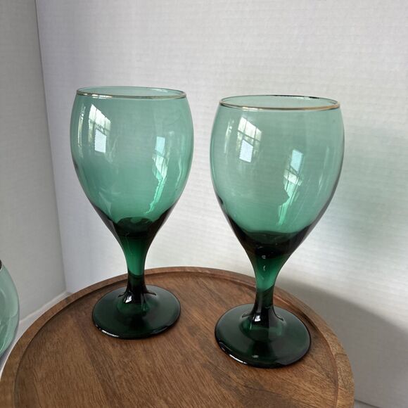 Set of 4  Vintage Libbey Teardrop Juniper Green Wine Goblets Glasses Gold Rims - Picture 8 of 16
